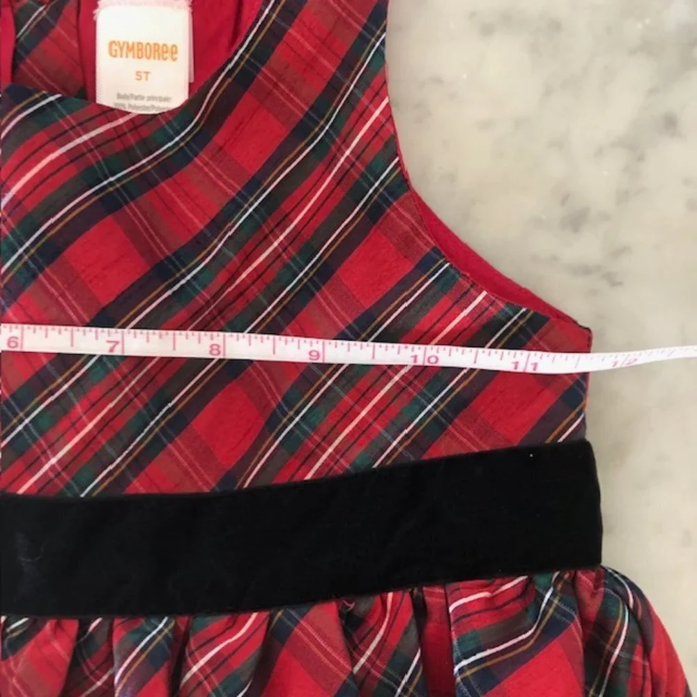 GYMBOREE Red Tartan Plaid Sleeveless Black Velvet Bow Dress 5T